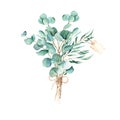 Eucalyptus watercolor bouquet. Willow, silver dollar and true blue branches with jute cord bow and vintage paper tag