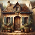 eucaustic image of french house with an old grungy colored wooden door.