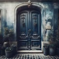 eucaustic image of french house with an old grungy colored wooden door.