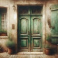 eucaustic image of french house with an old grungy colored wooden door.