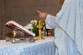 Eucharist ceremony during mass. Catholic ritual.