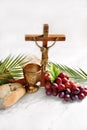 Eucharist symbol with bread grape and cross with Jesus on bright background