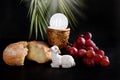 Eucharist symbol with bread grape and holy host on black background