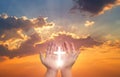 Eucharist Therapy Bless God Helping Repent Catholic Easter Lent Mind Pray. Christian Human hands open palm up worship hope. Royalty Free Stock Photo