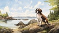 Nostalgic Children\'s Book Illustration: Saint Bernard Puppy On Prince Edward Island