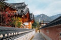 Eunpyeong Hanok Village with Bukhansan mountain at autumn in Seoul, Korea