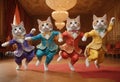 Euphoric cats dancing and jumping in a ballroom