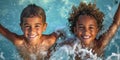 Euphoric Children Of Diverse Ethnicities Exude Bliss, Delighting In Pool Activities, Ample Room For Text Royalty Free Stock Photo