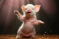 Euphoric happy piglet joyfully dances with glee in wood