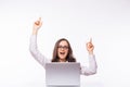 Euphoric and success Business Woman with glasses using laptop computer pc. Royalty Free Stock Photo