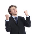 Euphoric successful businessman raising arms