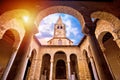 Euphrasian Basilica in Porec arcades and tower sun haze view Royalty Free Stock Photo