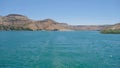 Euphrates Firat, boat trip in Halfeti by 4k Video over turquoise color.