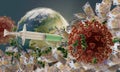 EUR 50 and syringe and globe with mouth protection mask and Corona virus 3d-illustration. elements of this image furnished by NASA