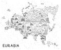 Eurasia Travel Line Icons Map. Travel Poster with animals and sightseeing attractions. Inspirational Vector Illustration Royalty Free Stock Photo