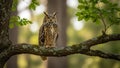 A Eurasian eagle owl Bubo bubo perches on a tree branch in a forest Royalty Free Stock Photo