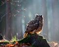 Eurasian Eagle Owl Bubo Bubo sitting on the stump in forest, c