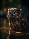 Eurasian Eagle Owl, Bubo bubo, portrait in water.