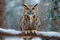 Eurasian eagle-owl perching on a snowy branch during snowfall in winter forest Royalty Free Stock Photo