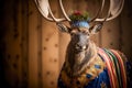 Eurasian elk wearing Sweden national dress or clothes, Generative AI