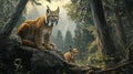 Eurasian Lynx Pair in Misty Forest at Dawn Royalty Free Stock Photo