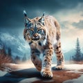 Eurasian Lynx walking wild cat in the forest with snow. Wildlife scene from winter nature