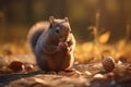 Eurasian red squirrel eating acorn in autumn forest, shallow depth of field Royalty Free Stock Photo