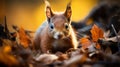 The Eurasian red squirrel (Sciurus vulgaris) in its natural habitat in the autumn forest. ai Royalty Free Stock Photo