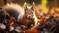 The Eurasian red squirrel (Sciurus vulgaris) in its natural habitat in the autumn forest. ai Royalty Free Stock Photo