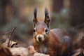 The Eurasian red squirrel (Sciurus vulgaris) in its natural habitat in the autumn forest Royalty Free Stock Photo