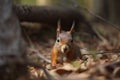 The Eurasian red squirrel (Sciurus vulgaris) in its natural habitat in the autumn forest Royalty Free Stock Photo