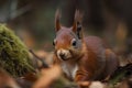 The Eurasian red squirrel (Sciurus vulgaris) in its natural habitat in the autumn forest Royalty Free Stock Photo