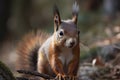 The Eurasian red squirrel (Sciurus vulgaris) in its natural habitat in the autumn forest Royalty Free Stock Photo