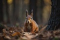 The Eurasian red squirrel (Sciurus vulgaris) in its natural habitat in the autumn forest Royalty Free Stock Photo