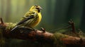 Eurasian siskin (Spinus spinus) searching for food in the forest in the Netherlands