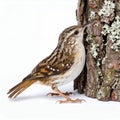 Eurasian treecreeper clings to tree bark section, observing its surface closely on white background Royalty Free Stock Photo
