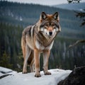 Eurasian Wolf Gazing Over the Vast Siberian Taiga from a Rocky Outcrop