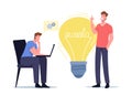 Eureka Concept. Businessmen Colleagues Characters with Laptop Sit at Huge Light Bulb Thinking Creative Idea, Brainstorm