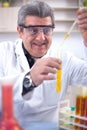 Eureka!!!Happy senior scientist has found new formula in researching laboratory Royalty Free Stock Photo