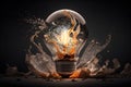 Eureka light bulb powerful liquid explosion. Created with Generative AI