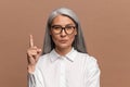 Eureka. Portrait of inspired asian mature woman with long grey hair pointing finger up with genius idea, having invented