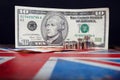 Euro and american dollar on British flag Royalty Free Stock Photo