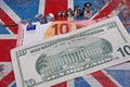 Euro and american dollar on British flag Royalty Free Stock Photo