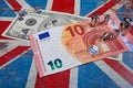 Euro and american dollar on British flag Royalty Free Stock Photo