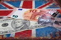 Euro And American Dollar On British Flag