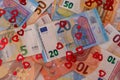 euro banknote background, covered by hearts, we love money