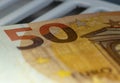Euro banknote details in a macro shot. Closeup, selective focus. Europe finance background. Business symbol Royalty Free Stock Photo