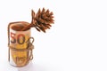 A 50 euro banknote, rolled up and tied with a rope, and a pine cone on a white background. The concept of seasonal spending Royalty Free Stock Photo