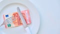 Euro banknote on a white plate, cash in Europe, the cost of lunch in the restaurant Royalty Free Stock Photo