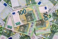 Euro banknotes close up. Several hundred euro banknotes, selective focus Royalty Free Stock Photo